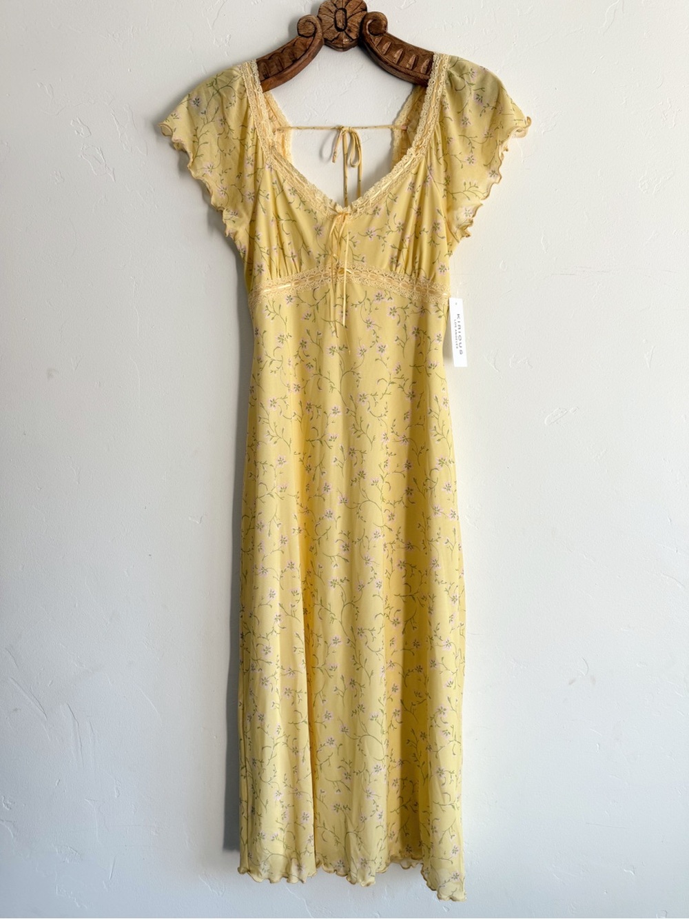 Yellow Floral Maxi Slip Dress with Lace & Tie - NWT